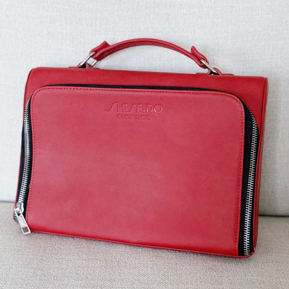Shiseido Red Leather Vanity / Makeup Case – Structured, Heavy, Luxury Feel
